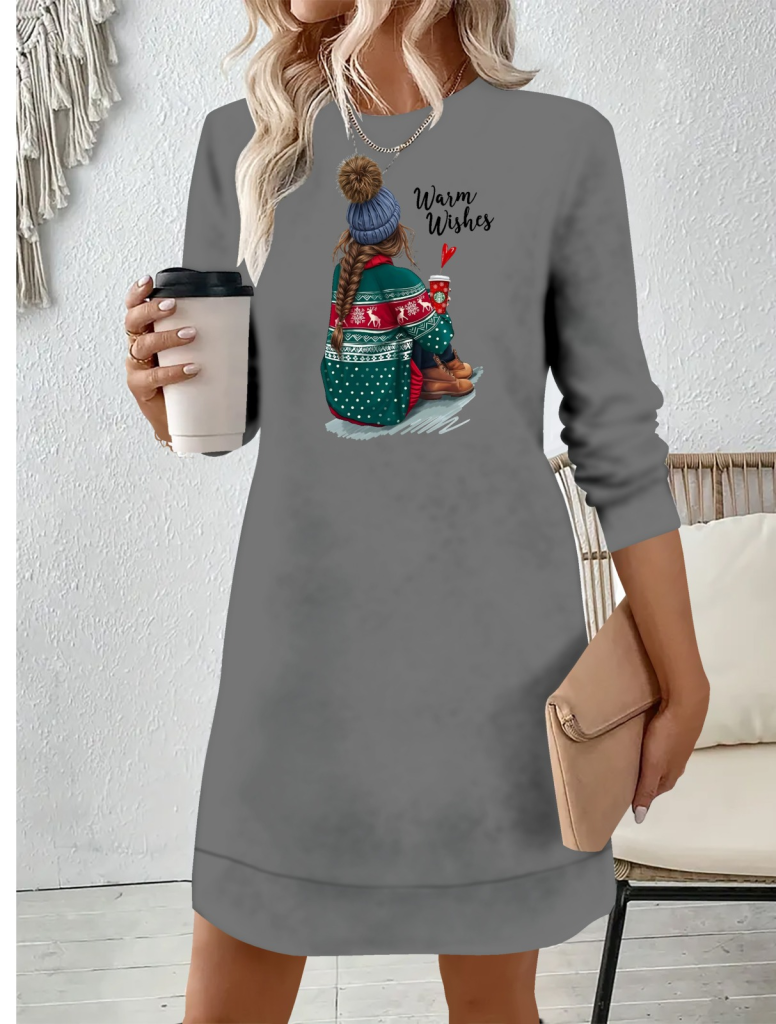 Kadın Uzun Kollu Bisiklet Yaka Desenli Viskon Iki Iplik Elbise - Görsel 3