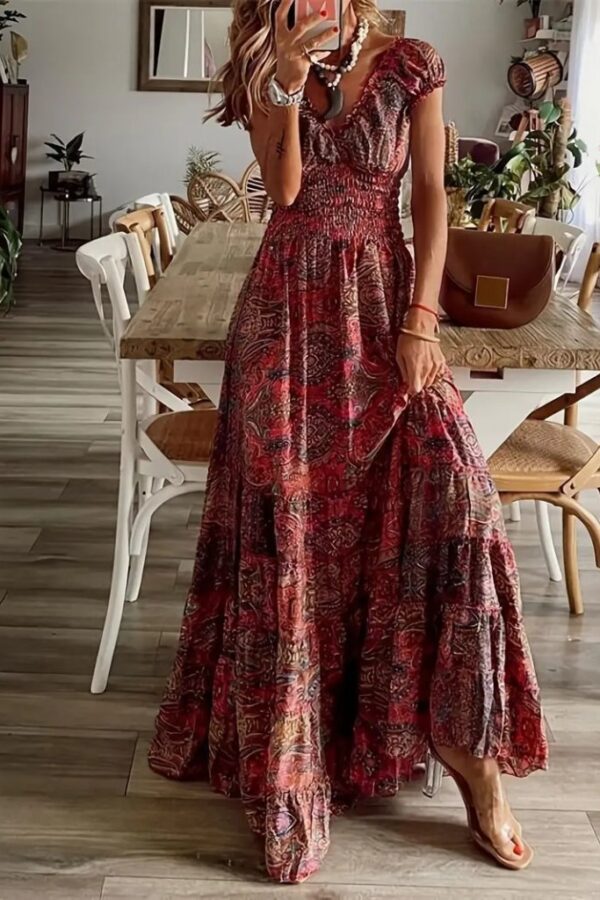 Kadın Kısa Kollu V Yakalı Beli Gipeli Desenli Süprem Maksi Elbise