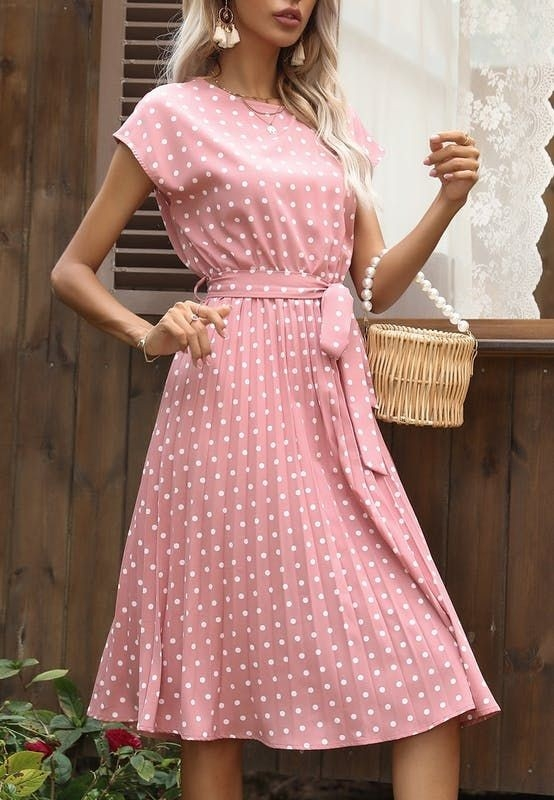 Kadın Kolsuz Beli Kuşaklı Puantiyeli Sandy Elbise - Görsel 8