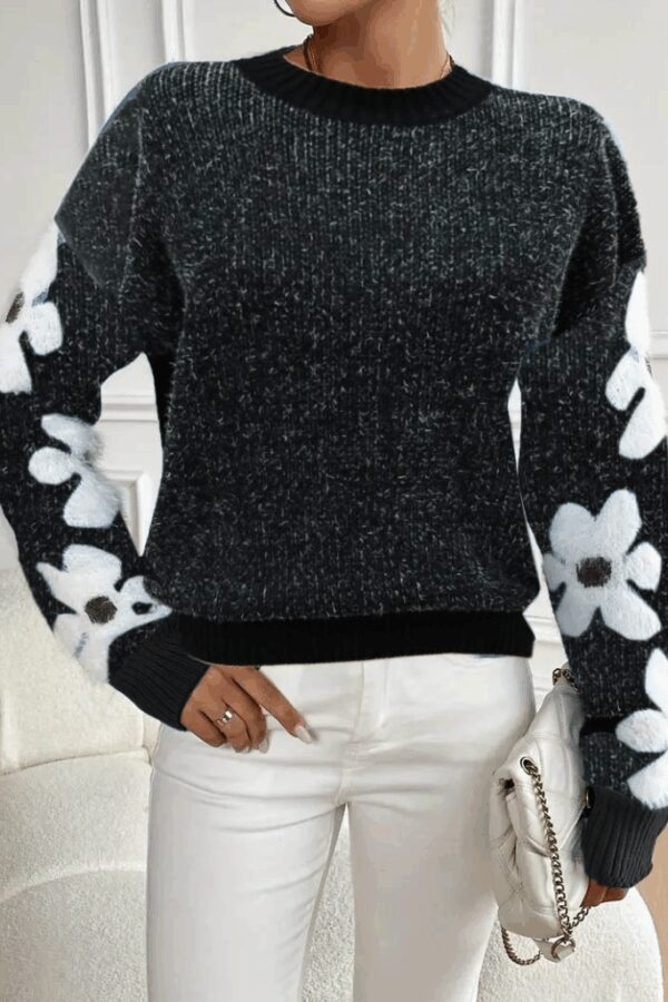 Kadın Uzun Kollu Bisiklet Yaka çiçek Desenli Triko Bluz