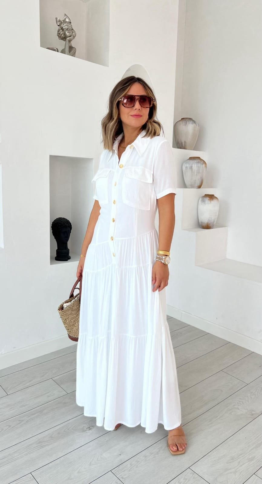 Kadın Dokuma Kumaş Cep Detaylı Maxi Boy Gömlek Elbise - Görsel 3