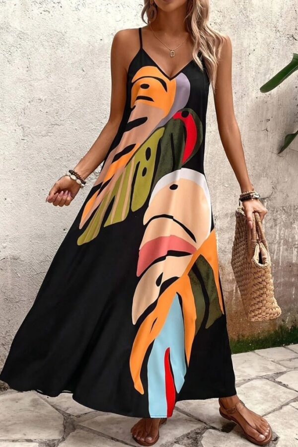 Kadın Ip Askılı V Yakalı Desenli Süprem Maxi Elbise