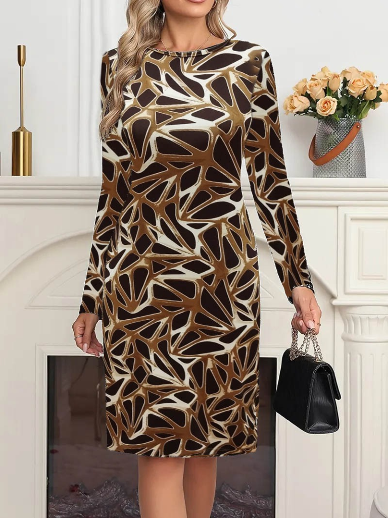 Kadın Uzun Kollu Bisiklet Yaka Desenli Dalgıç Kısa Elbise - Görsel 3