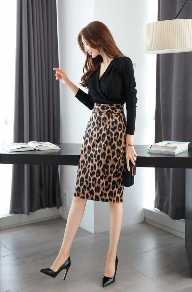 Kadın Uzun Kollu Kruvaze Yaka üst Ithal Krep Alt Dalgıç Leopar Detaylı Elbise - Görsel 3