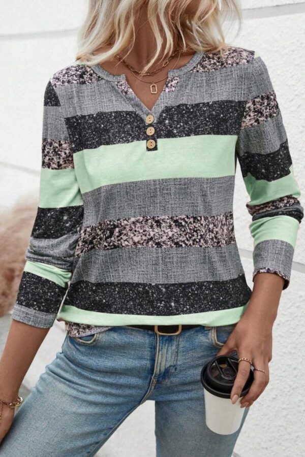 Kadın Uzun Kollu Yakadan Düğmeli çizgili Desenli Süprem Bluz