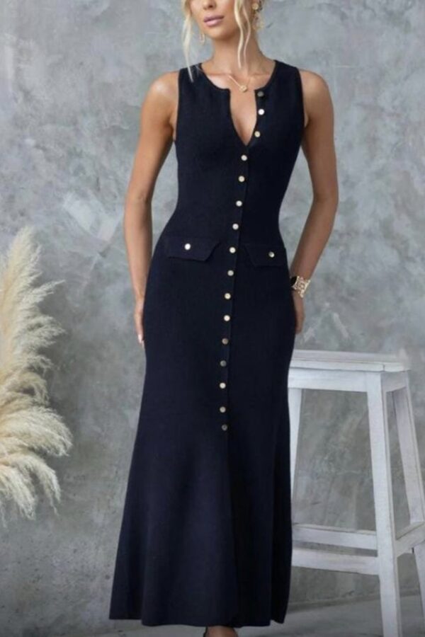 Kadın Kaşkorse Kumaş Düğme Detaylı Kolsuz Maxi Boy Elbise