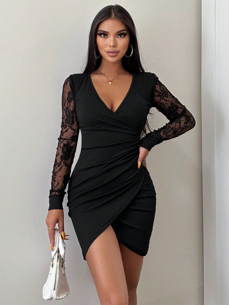 Kadın Uzun Kollu Kruvaze Yaka Beli Düğme Detay Krep Elbise - Görsel 9