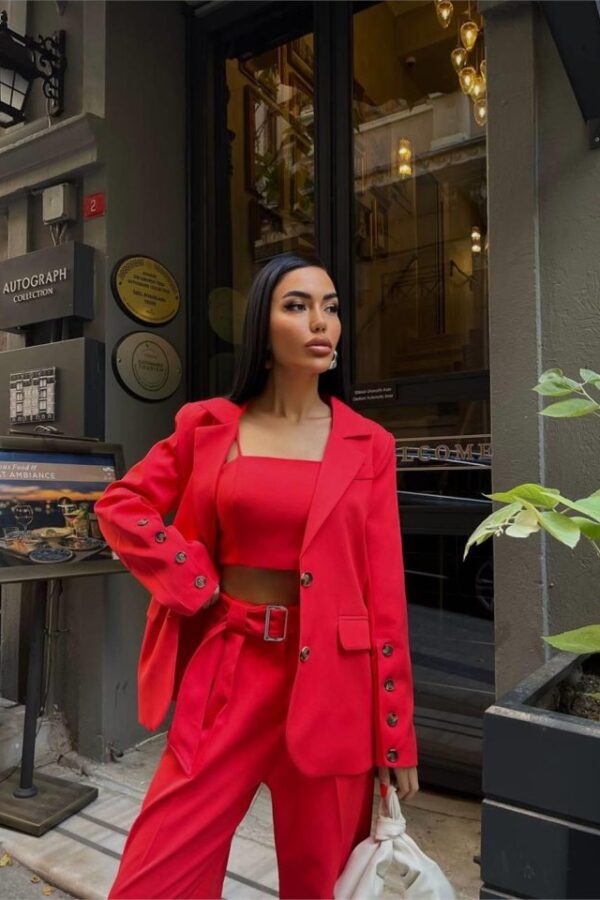 KOL 4 DÜĞME -  BÜSTİYERLİ 3 CEKET PANTOLON TAKIM - Nar