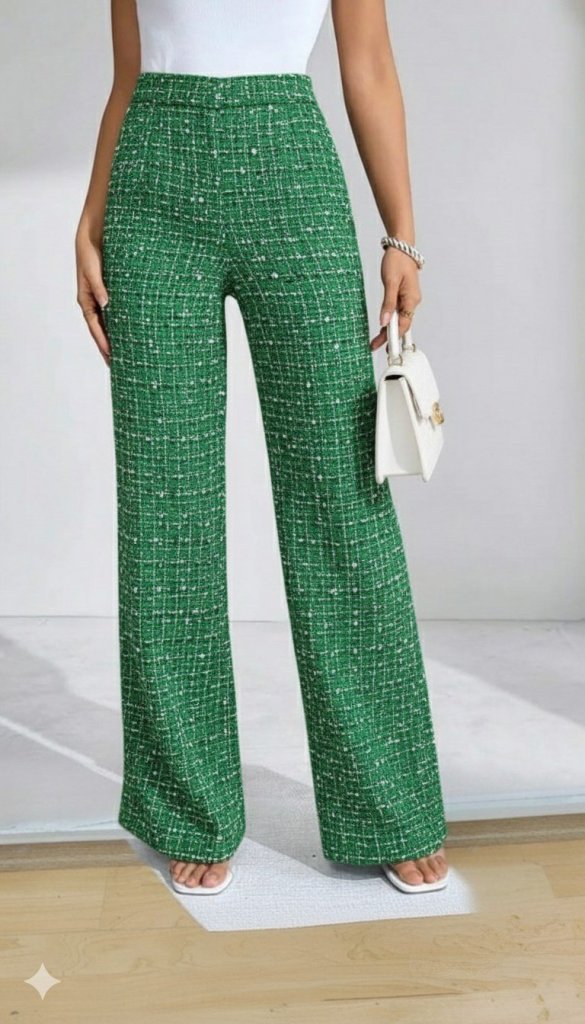 Kadın Yüksek Bel Paçaya Doğru Geniş Dokuma Pantolon - Görsel 9