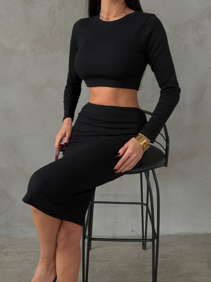 Kadın Uzun Kollu Bisiklet Yaka Crop Ve Midi Boy Kaşkorse Kumaş Etek Ikili Takım - Görsel 2