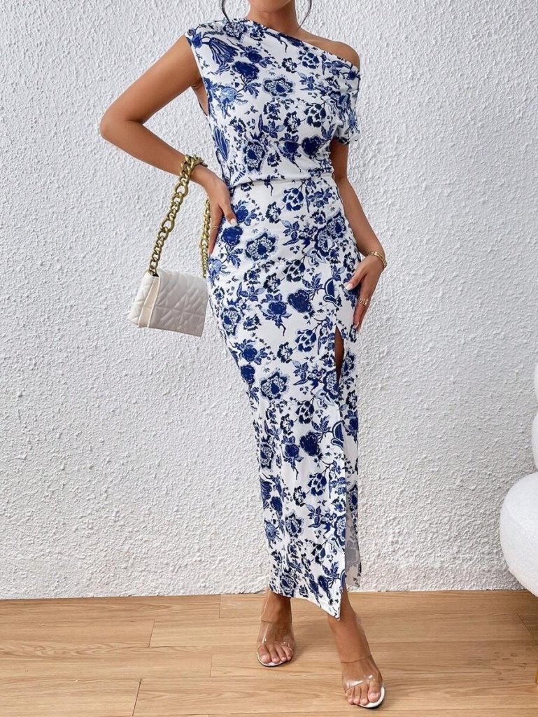 Kadın Tek Omuzu Açık Yırtmaçlı çiçek Desenli Süprem Elbise - Görsel 6