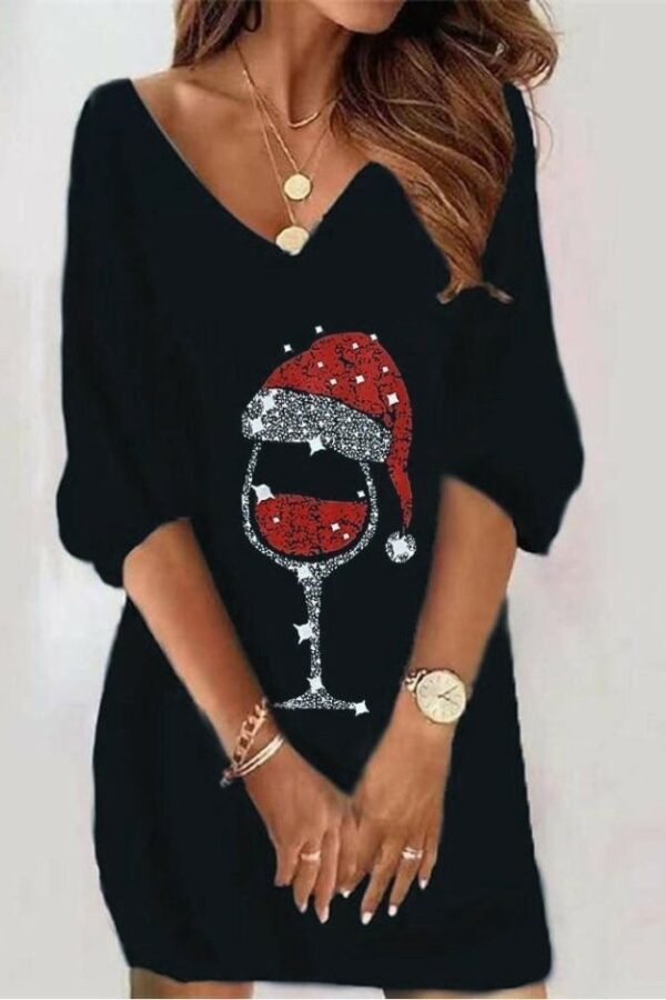 Kadın Uzun Kollu V Yaka Baskılı Dalgıç Kumaş Elbise