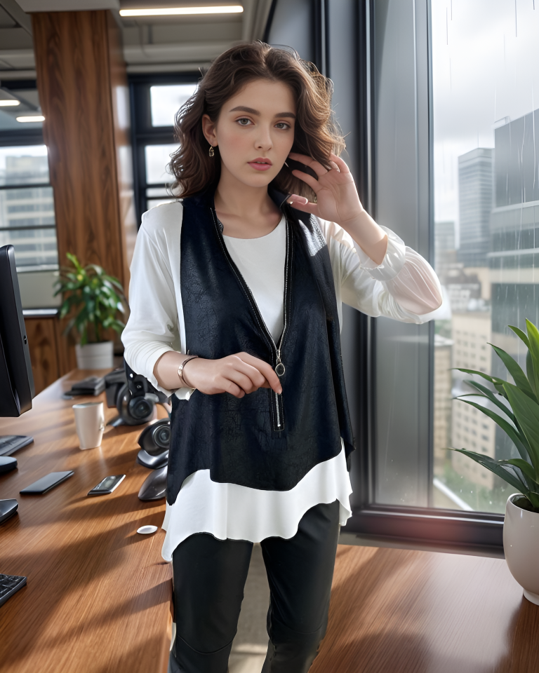 Kadın Uzun Kol Asimetrik Kesim Viskon Bluz Ve çatlak Deri Görünümlü Fermuar Detaylı Yelek Ikili Takım - Görsel 3