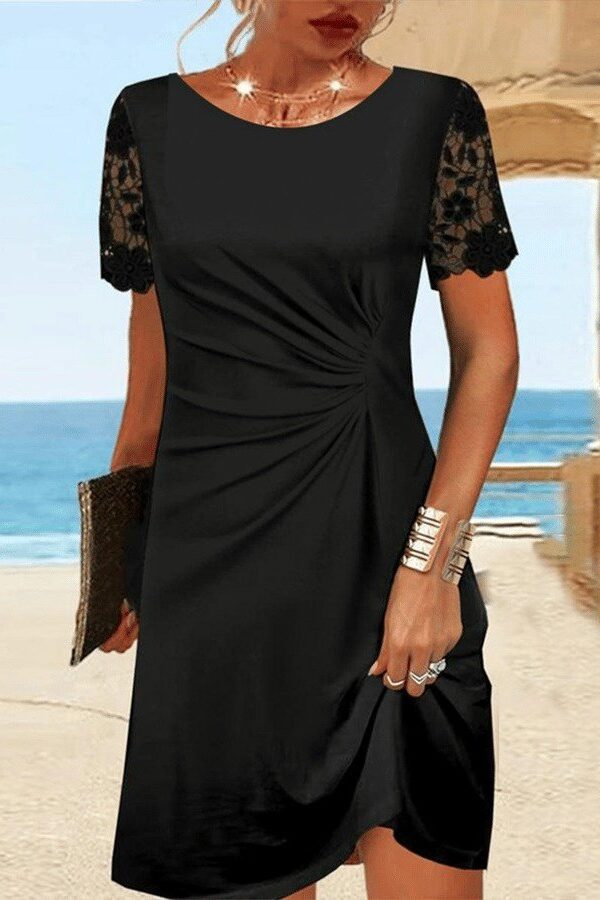 Kadın Kısa Kollu Yuvarlak Yaka Dantel Kol Detay Viskon Elbise