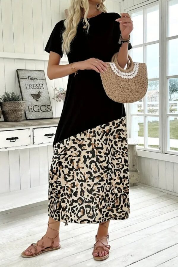 Kadın Kısa Kollu Bisiklet Yaka Leopar Detaylı Midi üst Viskon Alt Süprem Elbise