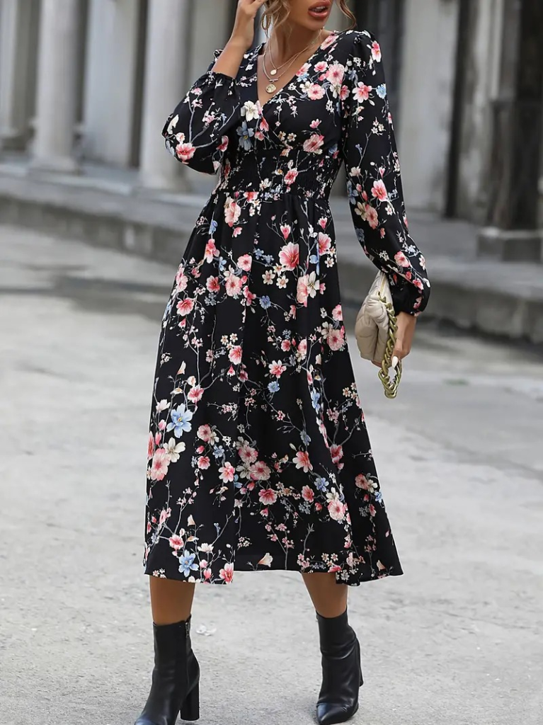 Kadın Uzun Kollu Kruvaze Yaka Beli Lastikli Yandan Yırtmaçlı Desenli Dalgıç Elbise - Görsel 2