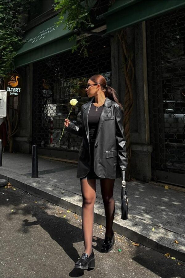 DERİ CEKET - KISA ETEK TAKIM - Siyah