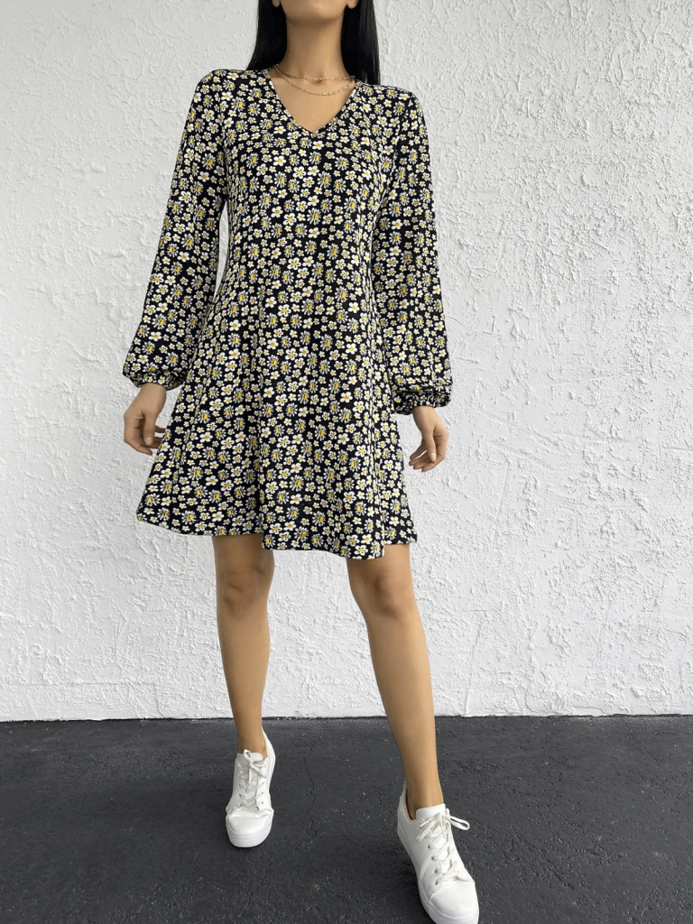 Kadın Uzun Kollu V Yaka çiçek Desenli Helen Kumaş Elbise - Görsel 4