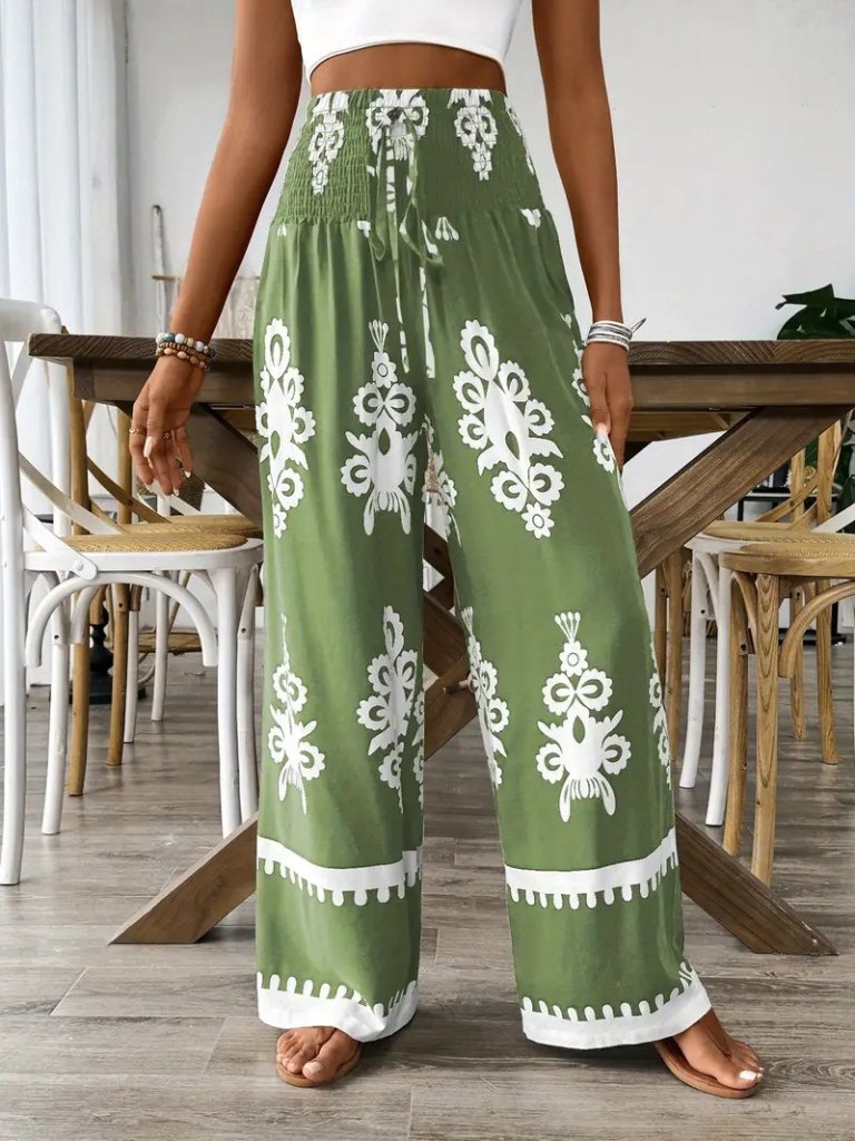 Kadın Yüksek Bel Büzgülü Etnik Desen Baskılı Süprem Pantolon - Görsel 7