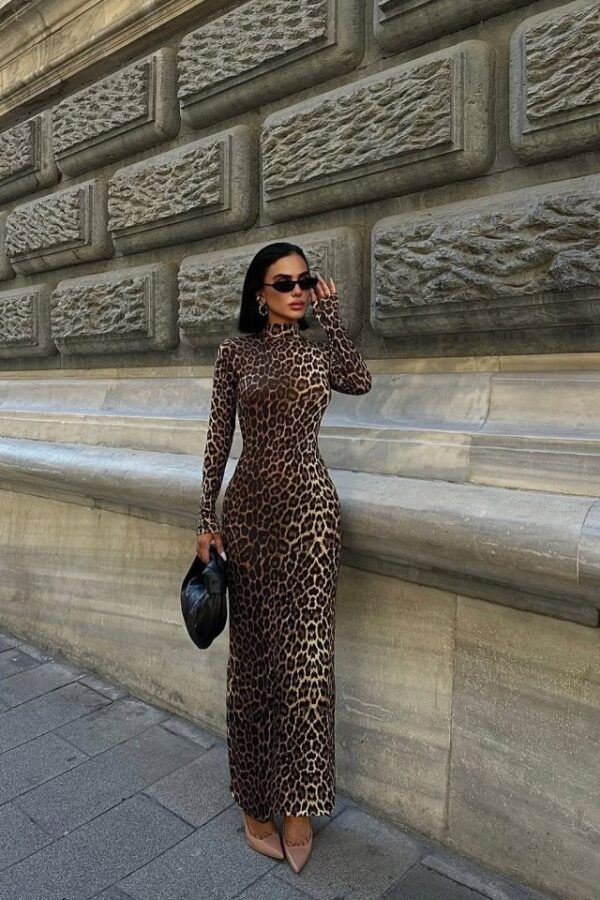 Kadın Uzun Kollu Balıkçı Yaka Gull Likralı Leopar Desen Maxi Boy Elbise