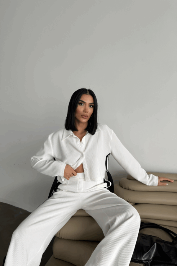 OTTOMAN EŞOFMAN TAKIM YANLARI ŞERİT DETAYLI - Beyaz