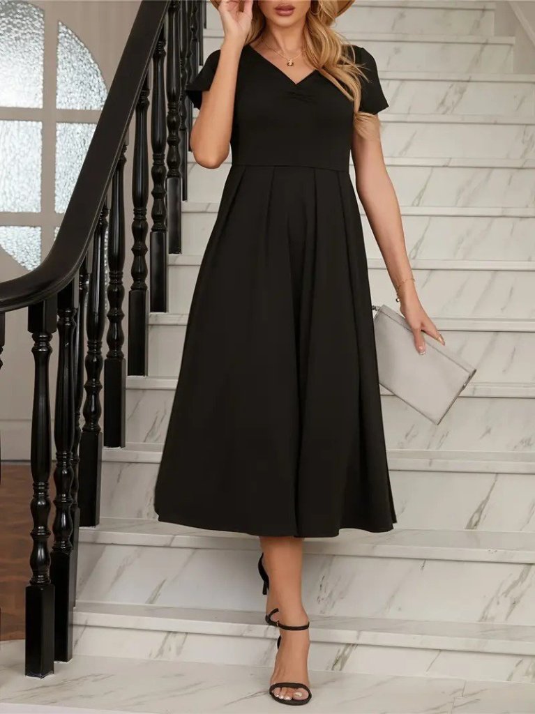 Kadın Kısa Kollu V Yakalı önden Pileli Midi Janjan Krep Elbise - Görsel 16