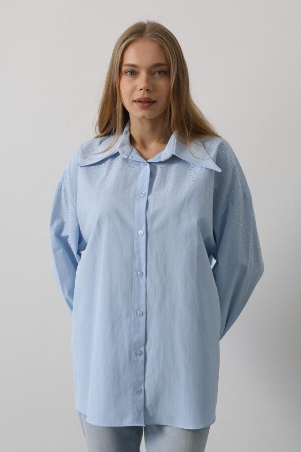 Taşlı Sivri Yaka Gömlek - Bebe Mavisi