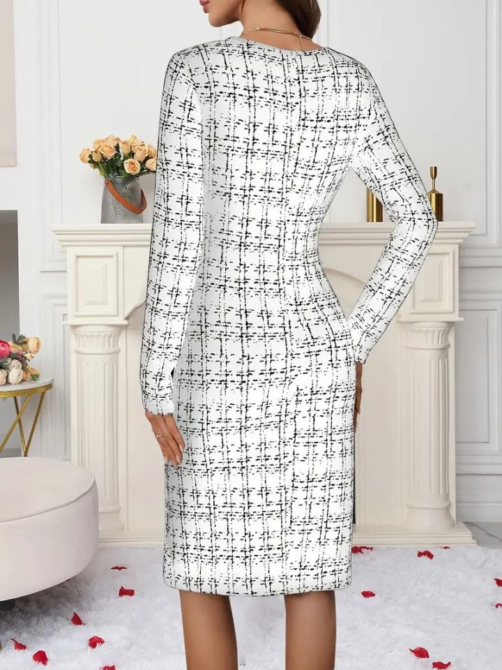 Kadın Uzun Kollu Bisiklet Yaka Desenli Dalgıç Kısa Elbise - Görsel 9