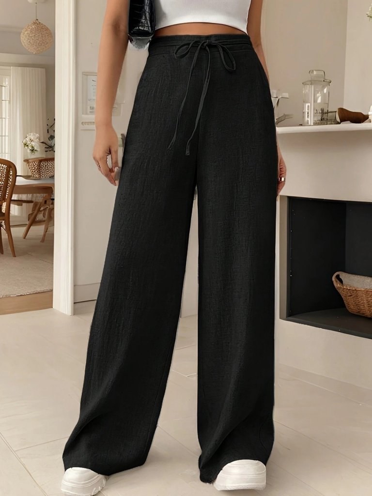 Kadın Yüksek Bel Bağcıklı Geniş Paçalı Uzun Bürümcük Pantolon - Görsel 3