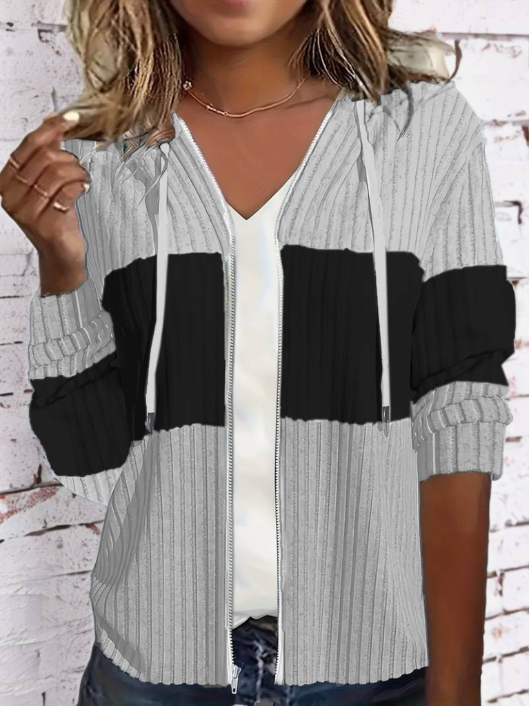 Kadın Uzun Kollu Kapşonlu önden Fermuarlı Blok Desenli şardonlu Kaşkorse Ceket - Görsel 3