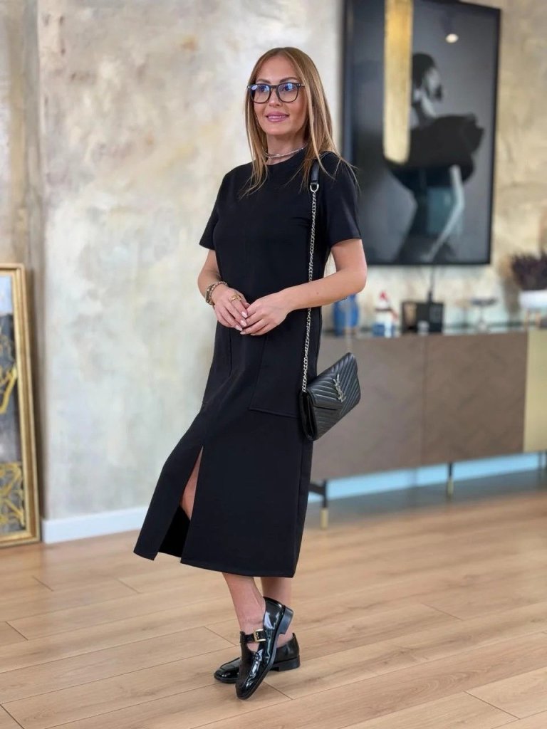 Kadın Kısa Kollu Bisiklet Yakalı Cepli önden Yırtmaçlı Viskon Iki Iplik Midi Elbise - Görsel 9