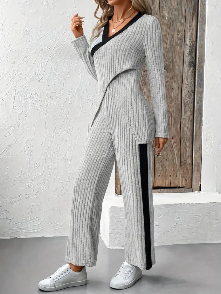 Kadın Uzun Kollu V Yakalı çapraz Detaylı şardonlu Kaşkorse Bluz Ve Pantolon Ikili Takım - Görsel 9