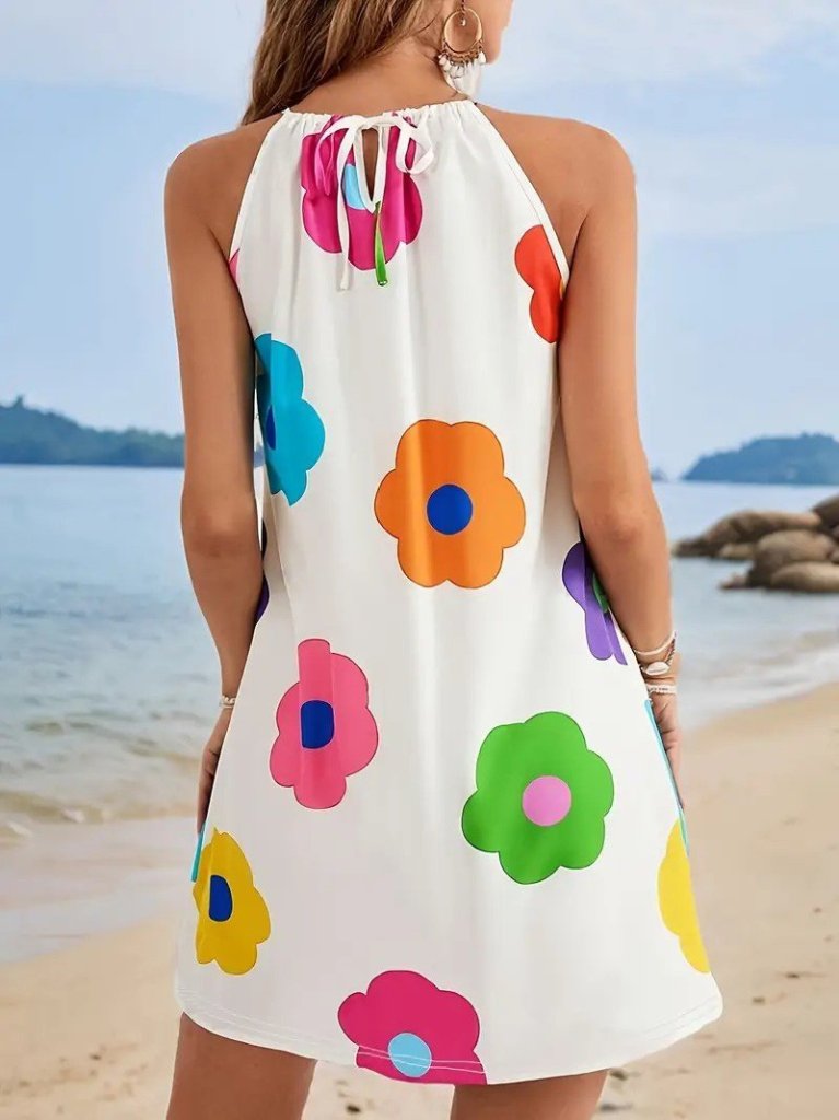 Kadın Boyundan Askılı Kolsuz çiçek Desenli Süprem Elbise - Görsel 9