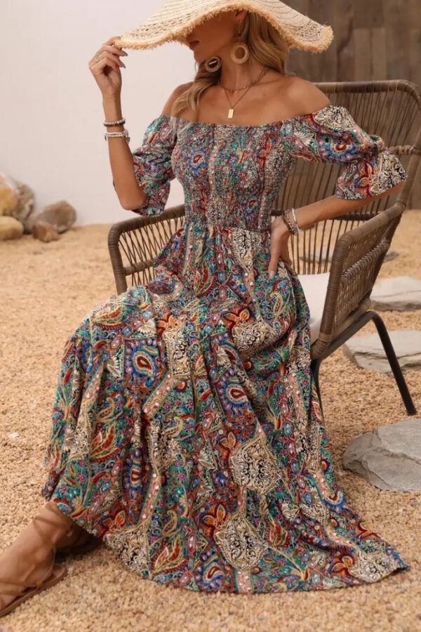 Kadın Kısa Kollu Madonna Yaka Desenli Fırfırlı Maksi Bu Süprem Elbise
