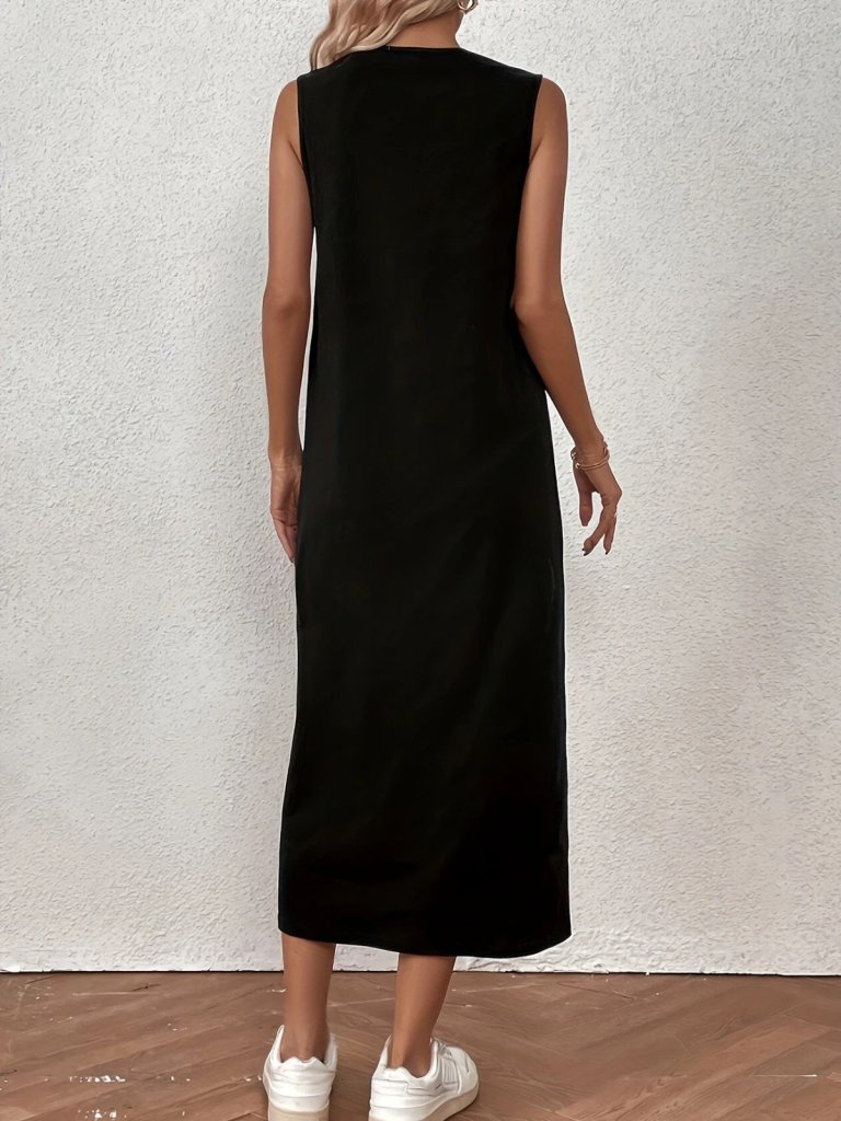 Kadın Sıfır Kollu Bisiklet Yaka Midi Viskon Iki Iplik Elbise - Görsel 3