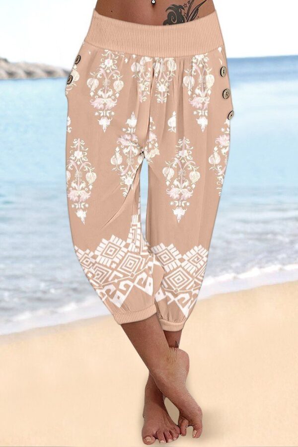Kadın Beli Lastikli Etnik Desenli Kapri Süprem Pantolon