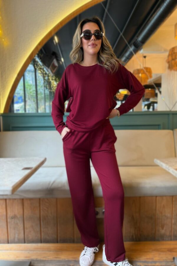 Kadın Uzun Kollu Bisiklet Yaka Viskon Iki Iplik Bluz Ve Pantolon Ikili Takım