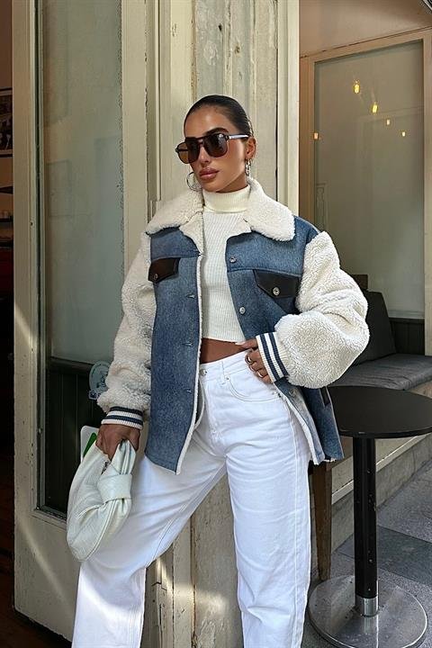 İçi Kürklü Deri Garnili Denim Görünümlü Ceket 6116