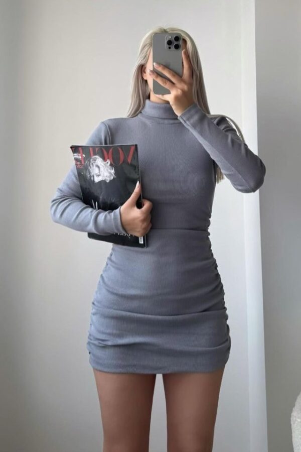 Kadın Uzun Kollu Balıkçı Yaka Büzgü Detay Kaşkorse Kumaş Mini Elbise