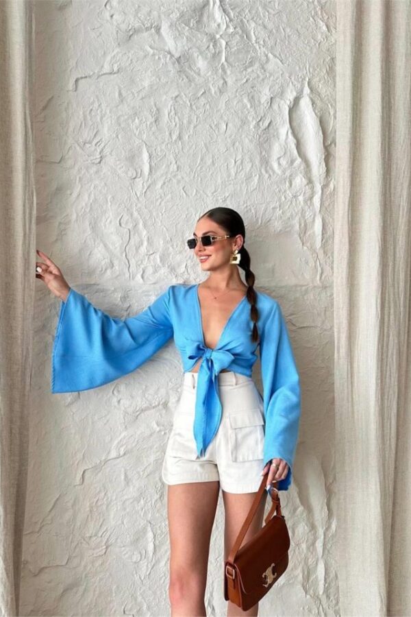 KETEN BAĞLAMA DETAYLI BLUZ İSPANYOL KOL - Mavi