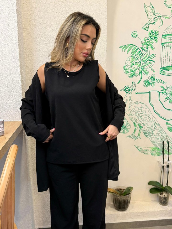 Kadın Uzun Kollu Ithal Krep Onu Açık Ceket Askılı Yuvarlak Yaka Bluz Ve Cepli Pantolon üçlü Takım - Görsel 4