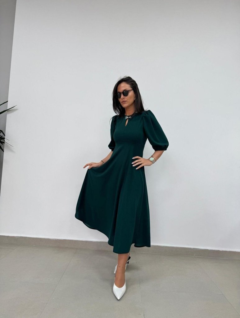 Kadın Kısa Kollu Bisiklet Yaka Fiyonk Broşlu Midi Janjan Krep Elbise - Görsel 13