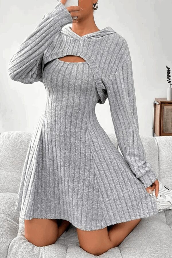 Kadın Uzun Kollu Kapüşonlu Ceket üst Ve Askısız Kare Yaka A Kesim şardonlu Kaşkorse Elbise