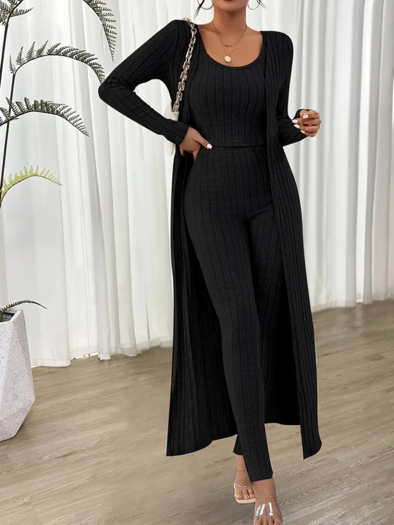 Kadın Yuvarlak Yaka Askılı Krop Bluz Yüksek Bel Tayt Ve Uzun Hırka şardonlu Kaşkorse üçlü Takım - Görsel 8