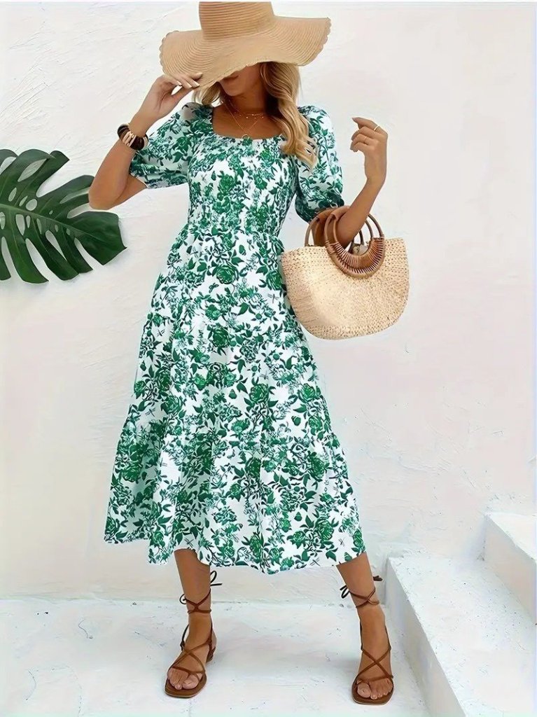 Kadın Kısa Kollu Kare Yakalı Lastikli Desenli Süprem Elbise - Görsel 9