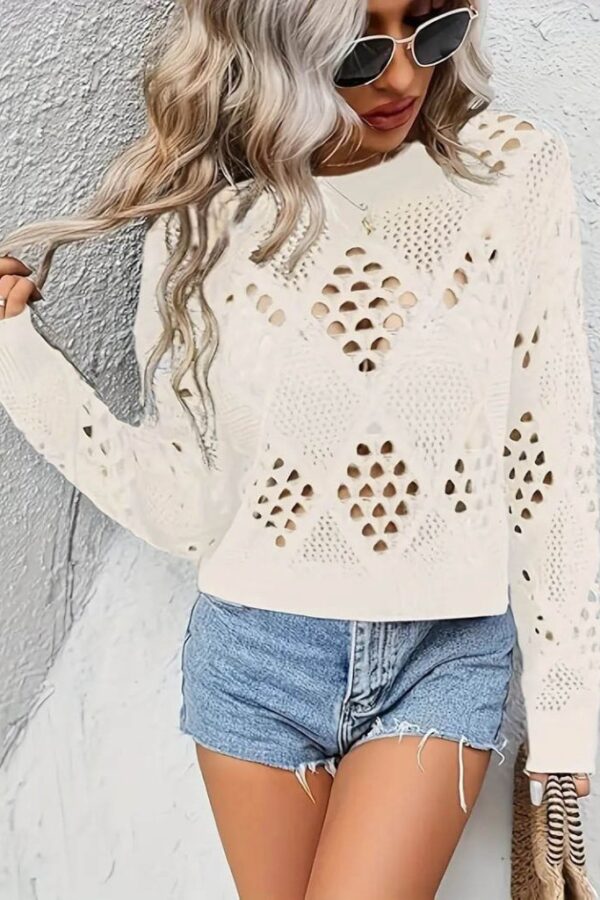 Kadın Uzun Kollu Yuvarlak Yaka Delik Desenli Triko Bluz