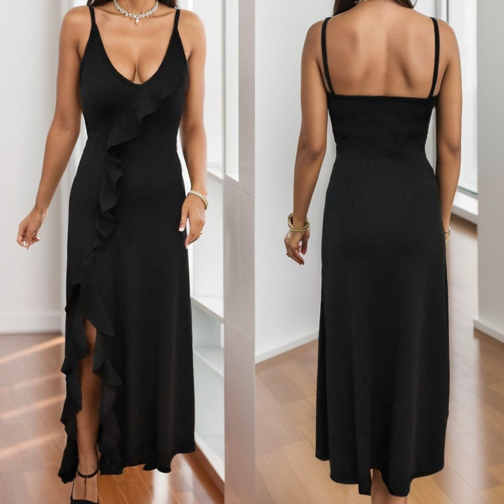 Kadın Ip Askılı Dekolteli Yırtmaç Detay Krep Elbise - Görsel 10