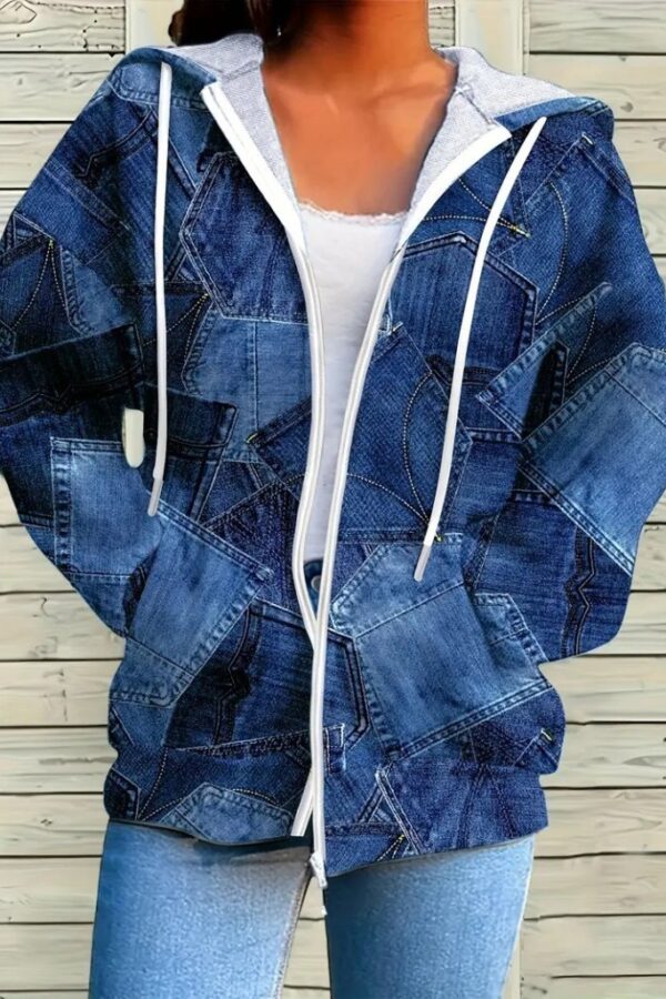 Kadın Uzun Kollu Kapşonlu Fermuarlı Kot Desenli Bağcıklı Modal Ceket