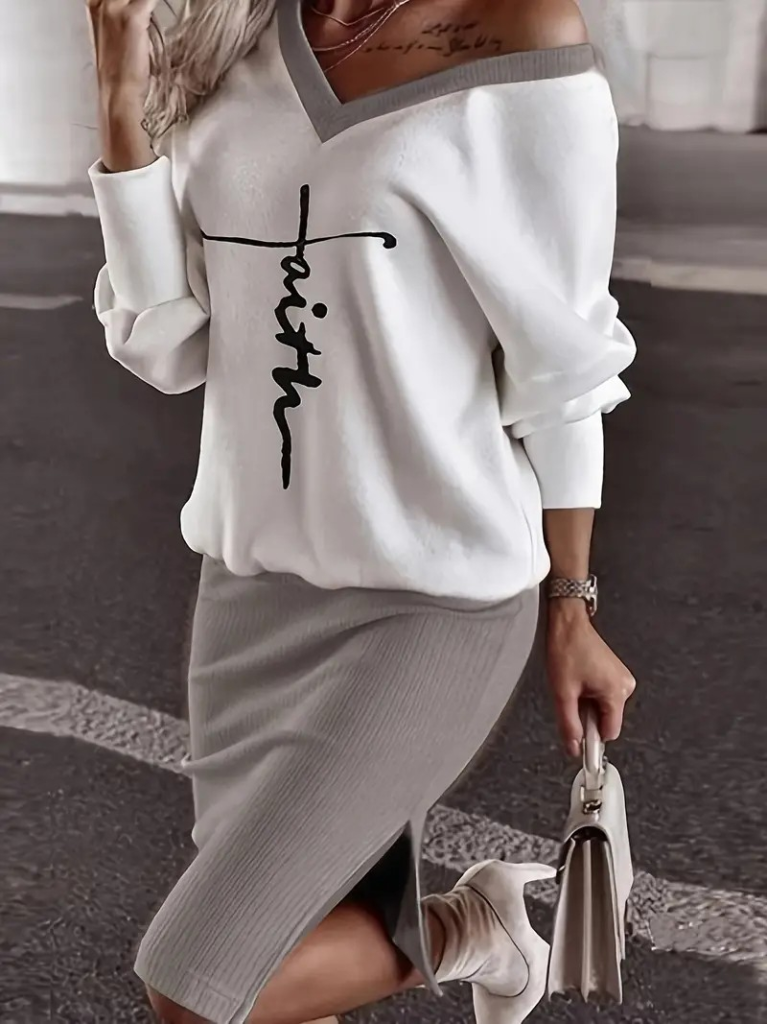 Kadın Uzun Kollu V Yakalı Iki Iplik Bluz Ve şardonlu Kaşkorse Etek Ikili Takım - Görsel 8