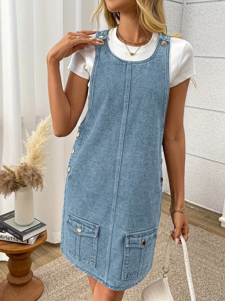 Kadın Askılı Yuvarlak Yaka A Kesim Cep Detaylı Kot Elbise - Görsel 4